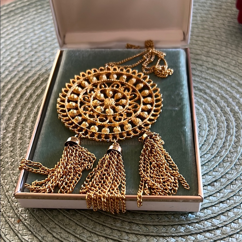 Gold Statement Necklace with Medallion and Tassels